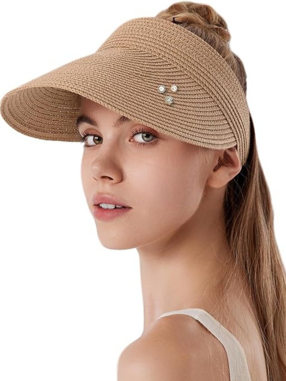 ELLEWIN Wide Brim Straw Sun Visor | Roll Up Packable Ponytail Beach Hat